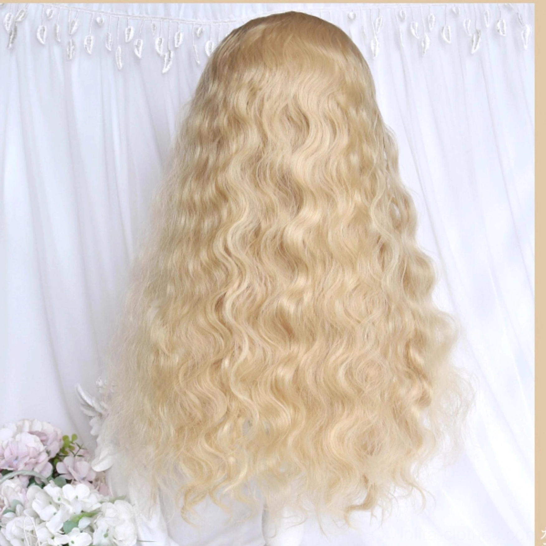 Golden long curly lolita wig back full display mannequin showing complete curl texture and length soft golden blonde romantic floral setting