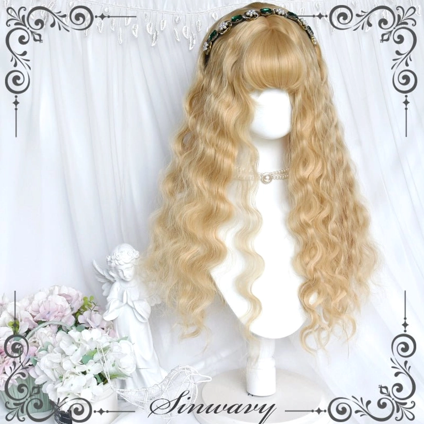 Golden long curly lolita wig on mannequin with gem-encrusted headband and pearl choker white curtain flowers and angel statue romantic setting