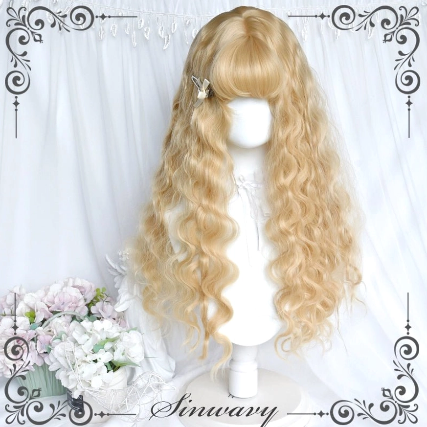 Golden elegance long curly lolita wig full display on mannequin head with butterfly hair clip air bangs romantic white curtain and flower backdrop
