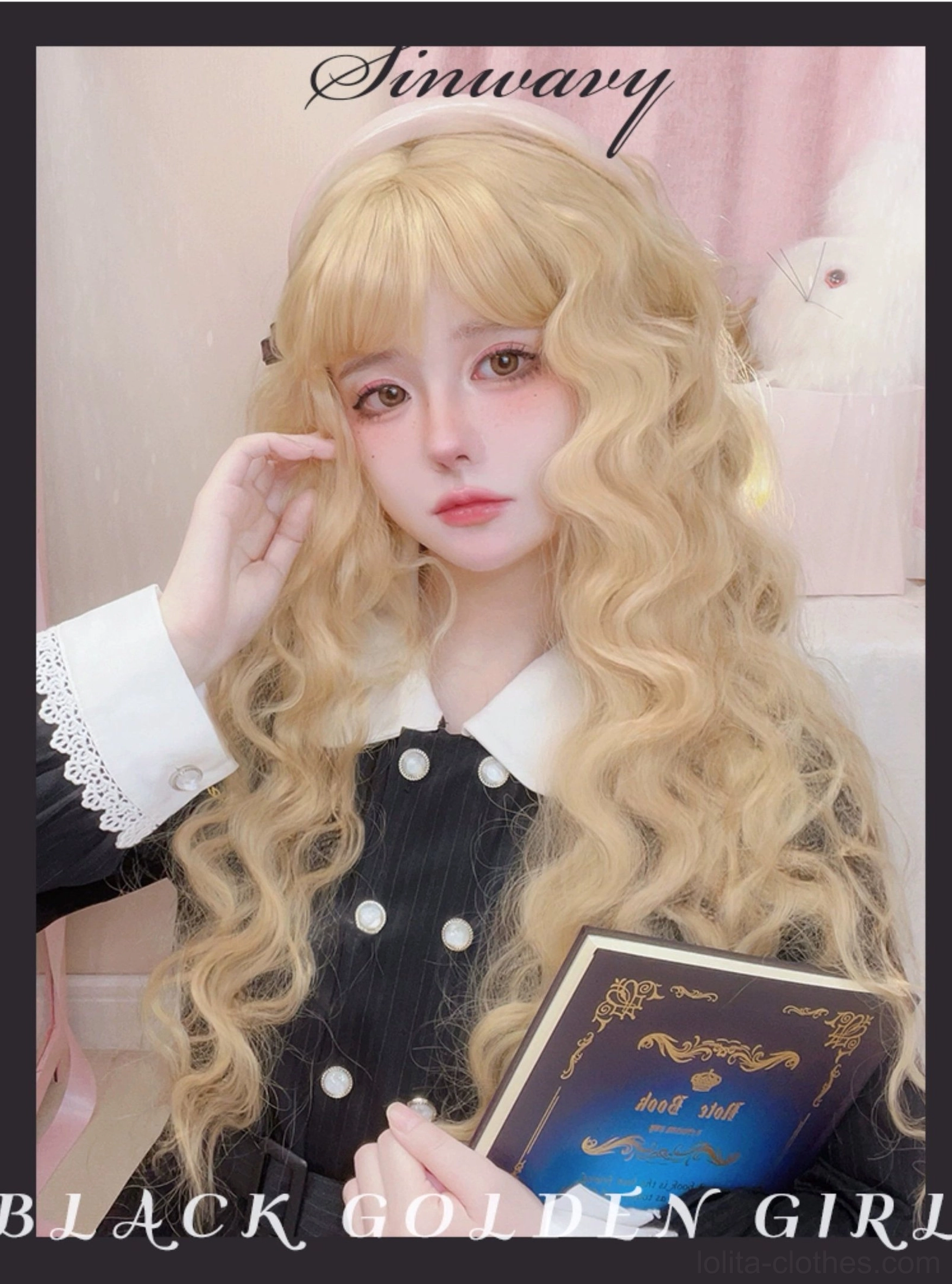 Golden elegance long curly lolita wig worn with maid-style pink dress front half-body portrait showing soft golden blonde water wave curls and air bangs with styling clip
