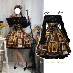 oil-painting-lolita-coordinate-set-off-shoulder-top-high-waist-skirt-art-gallery-print-faceless-model-back-detail-display-gothic-retro-style