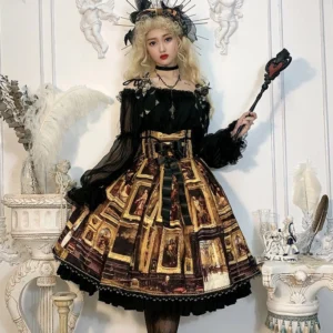golden-gallery-oil-painting-lolita-skirt-blonde-model-front-view-European-vintage-palace-studio-puff-sleeve-blouse-beaded-lace-hem-satin-bow
