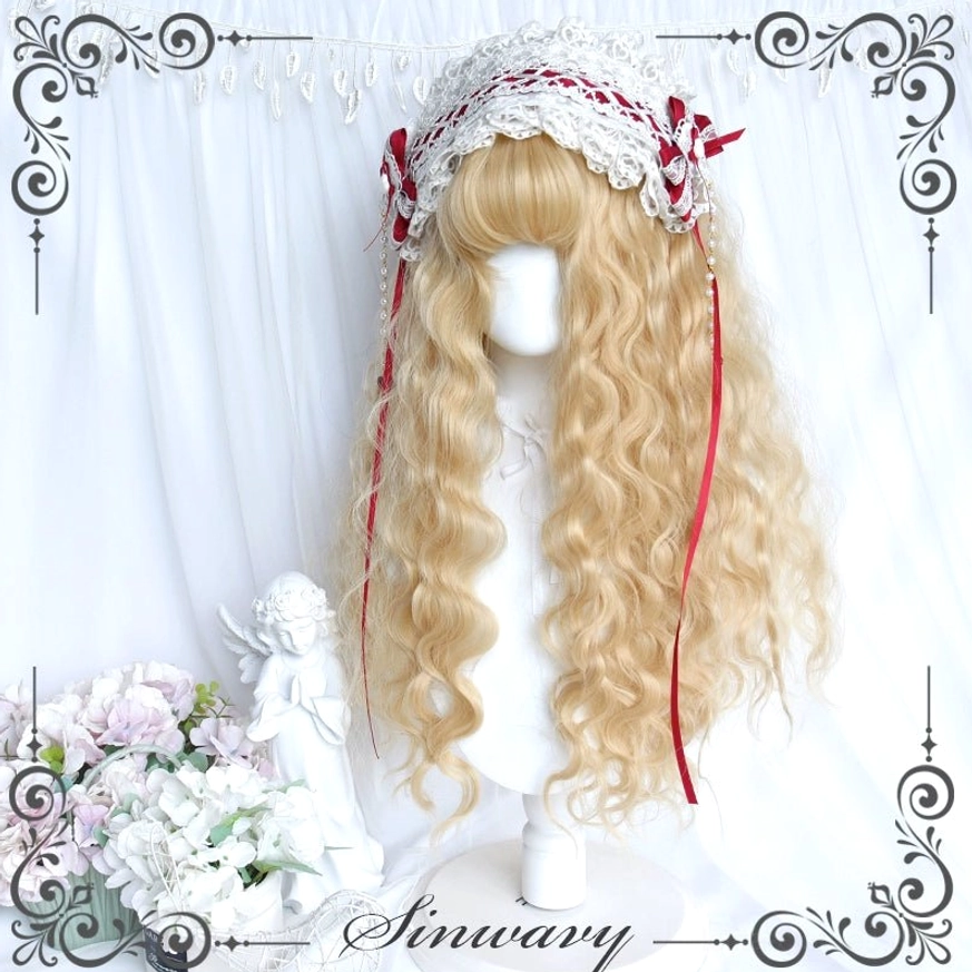 Golden long curly lolita wig on mannequin with lace headband red ribbon tassels elegant styling romantic floral and angel statue backdrop