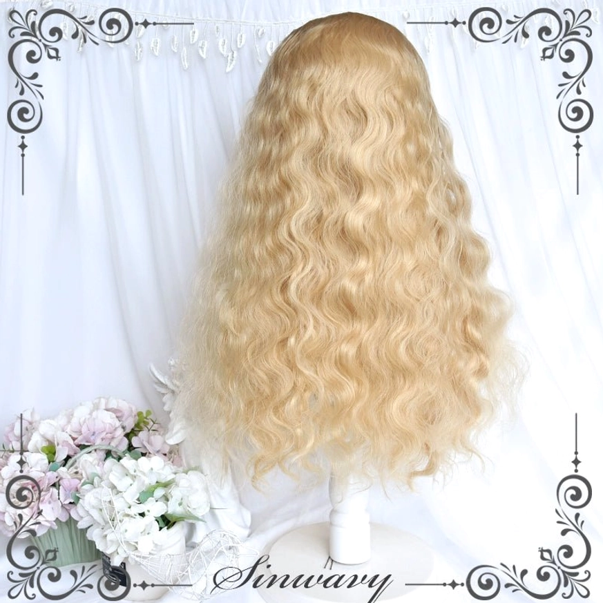 Golden long curly lolita wig back view on mannequin showing even water wave curls full volume romantic white curtain flower backdrop
