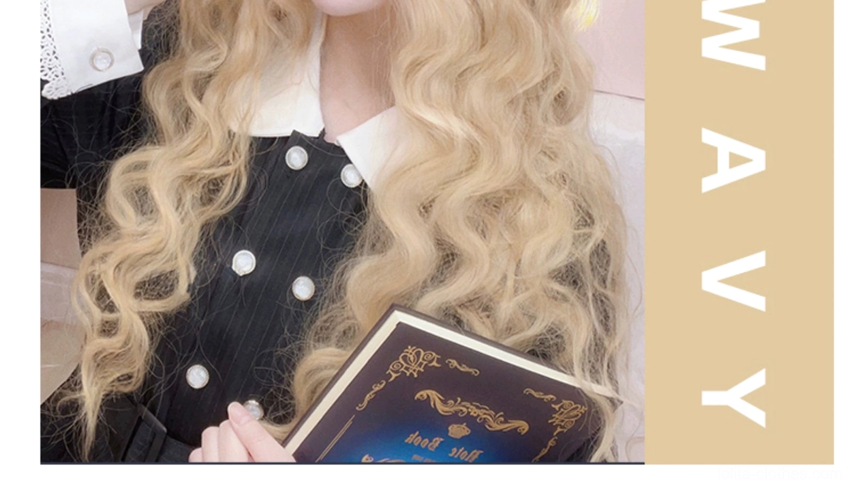 Golden long curly lolita wig close-up side profile view showcasing water wave curl texture and length without model wavy text label