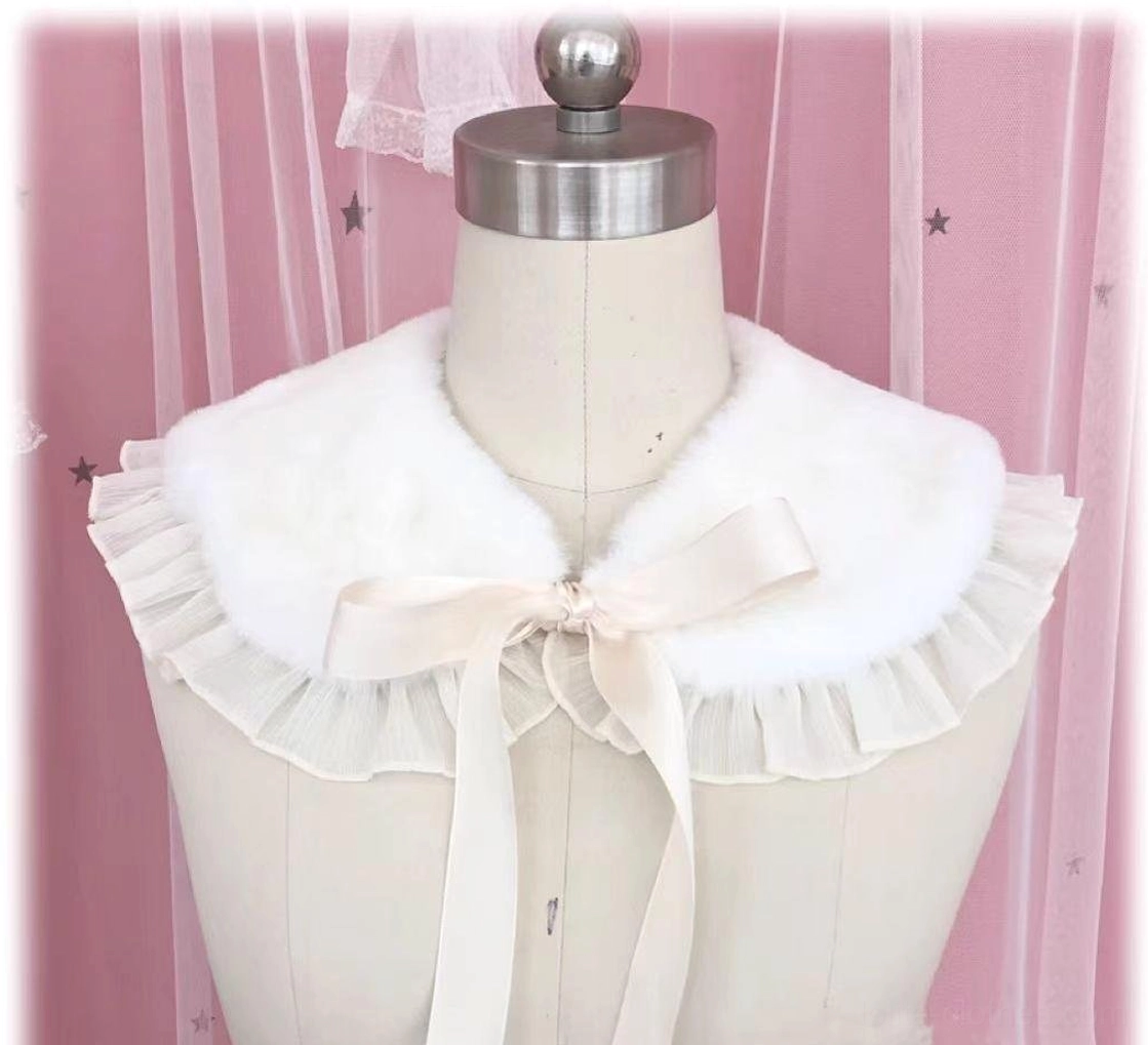 Goose yellow lotus leaf edge Sweet Lolita faux fur false collar with warm beige satin bow shown on a dress form