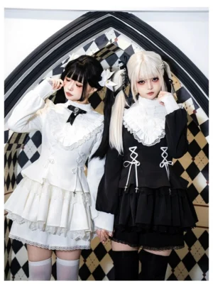 Black and white goth lolita one-piece dresses with large lace collar and flared long sleeves, layered ruffle mini skirt, half and full body twin model shot