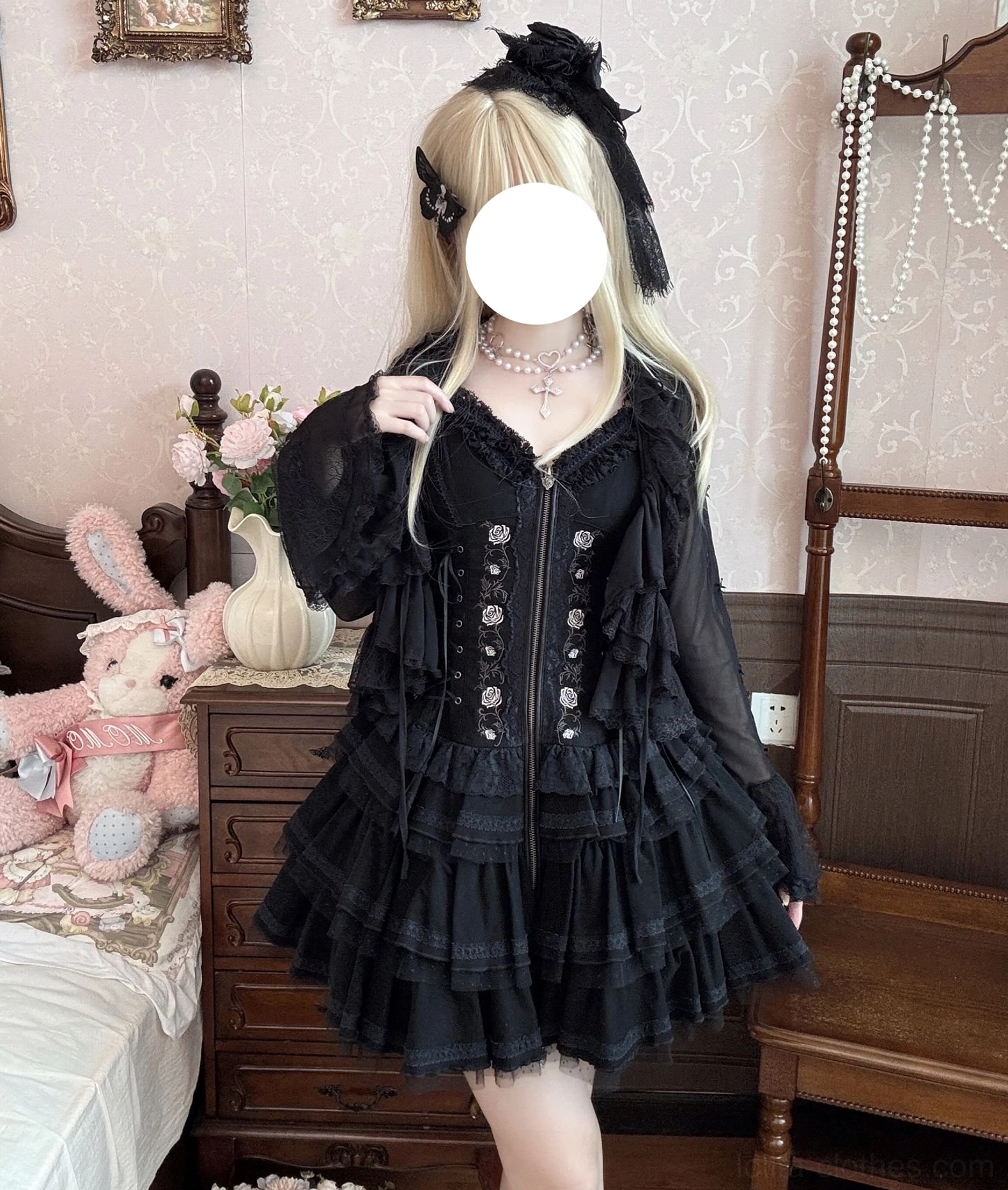 Gothic black lolita dress set with tulle bolero front half-body model view, retro bedroom with flower and plush decor, front zipper closure with metal buttons