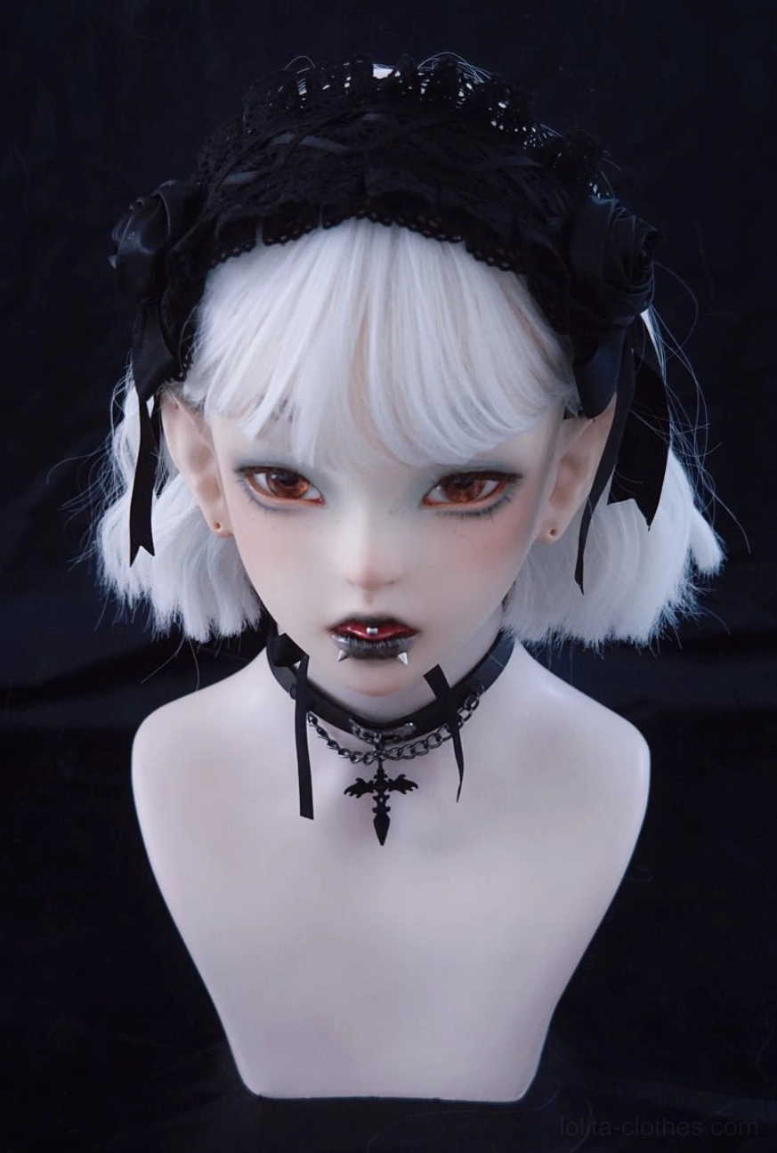 Gothic black rose lolita hairband handmade front view on BJD mannequin with satin rose and lace headband details