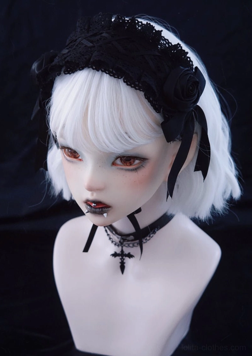 Gothic black rose lolita hairband left three-quarter side view lace band satin rose matched choker accessory
