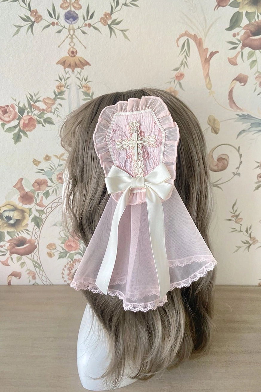 Gothic Cross Maiden Lolita hair clip veil headbow in pink with embroidered cross design and sheer organza veil back view
