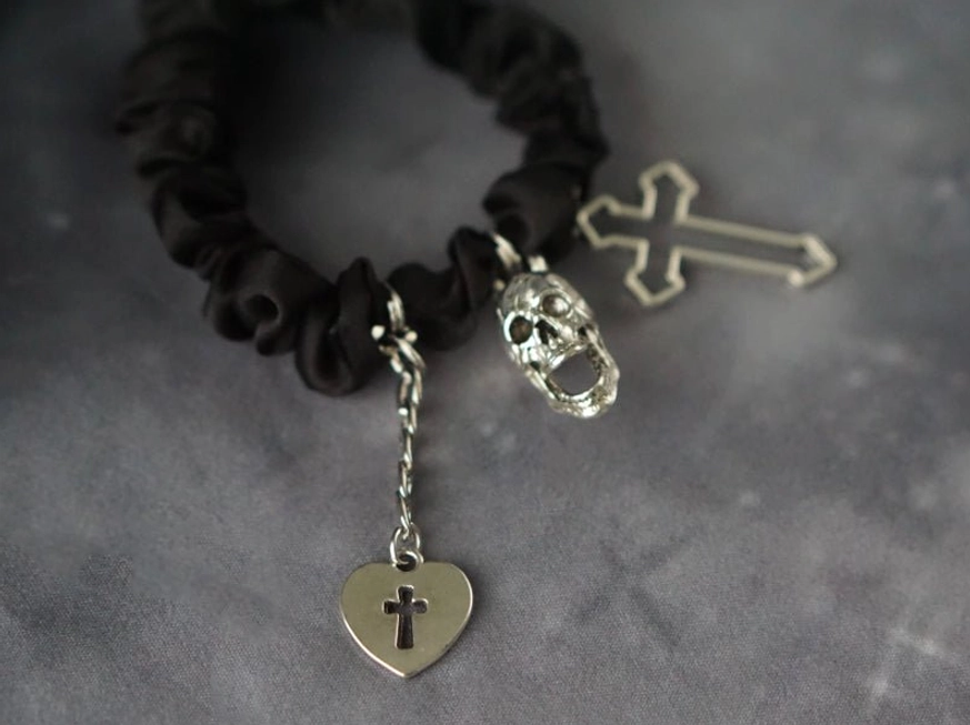 Gothic punk black satin scrunchie with silver cross skull heart pendants alternative layout