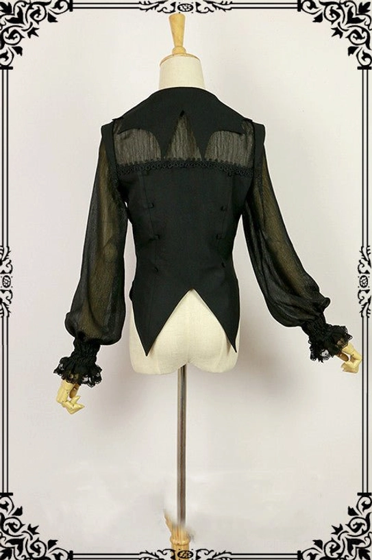 Gothic lolita Halloween blouse back view detail showing sheer lantern sleeves, lace-trimmed cuffs, asymmetric pointed hem, mesh panel on upper back, worn on dress mannequin
