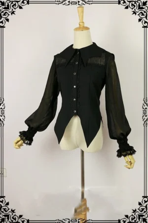 Gothic Halloween lolita blouse with dramatic bat collar variant, long sheer lantern sleeves with lace trim cuffs, black twill fabric, worn on dress form displaying front view