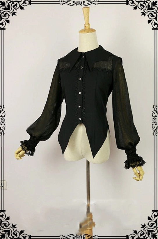 Gothic Halloween lolita blouse with dramatic bat collar variant, long sheer lantern sleeves with lace trim cuffs, black twill fabric, worn on dress form displaying front view