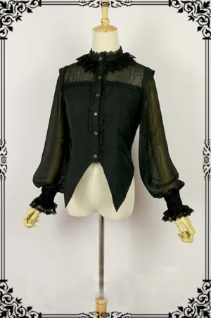 Gothic lolita blouse with elegant high-neck lace collar option, long transparent sleeves, lace-trimmed cuffs, black twill construction, displayed on mannequin front view