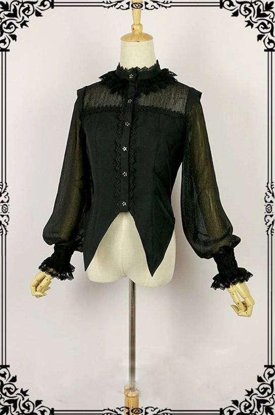 Gothic lolita blouse with elegant high-neck lace collar option, long transparent sleeves, lace-trimmed cuffs, black twill construction, displayed on mannequin front view