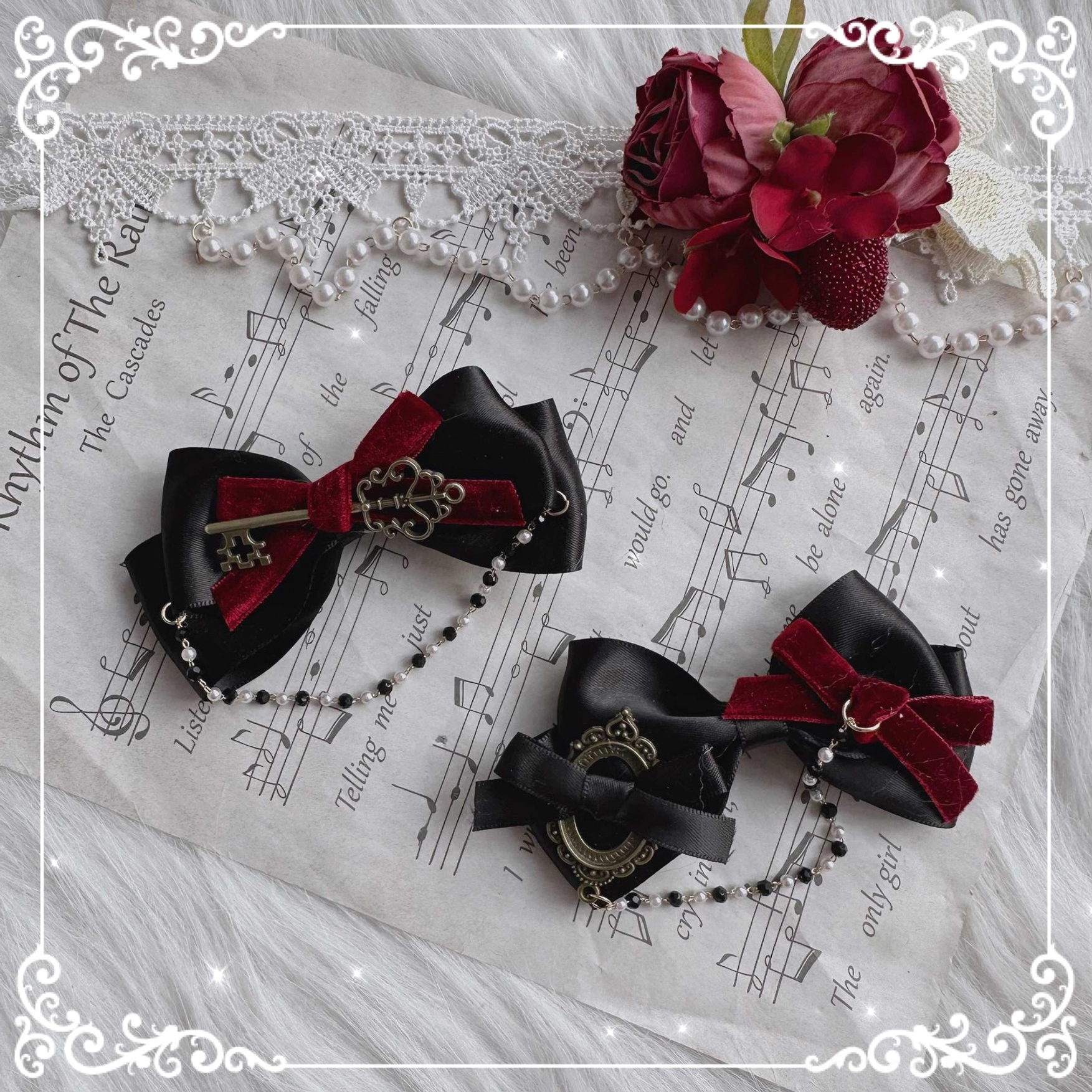 Gothic Lolita A side clip hair accessory with black red lace details, rose accents and vintage-inspired charm embellishment for half-up hairstyles