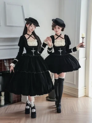 Gothic Lolita velvet OP dress set full-body front view dual-model wearing black cream two-tone fishbone corset dress with cross pendant choker beret hat thigh-high socks vintage fireplace background