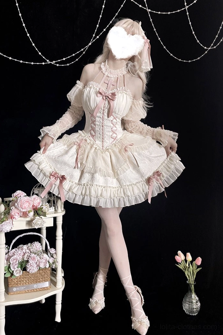 Gothic Lolita arm sleeves pair with distinct cross maiden pattern design and sheer ruffled construction for complete Lolita fashion wardrobe coordination