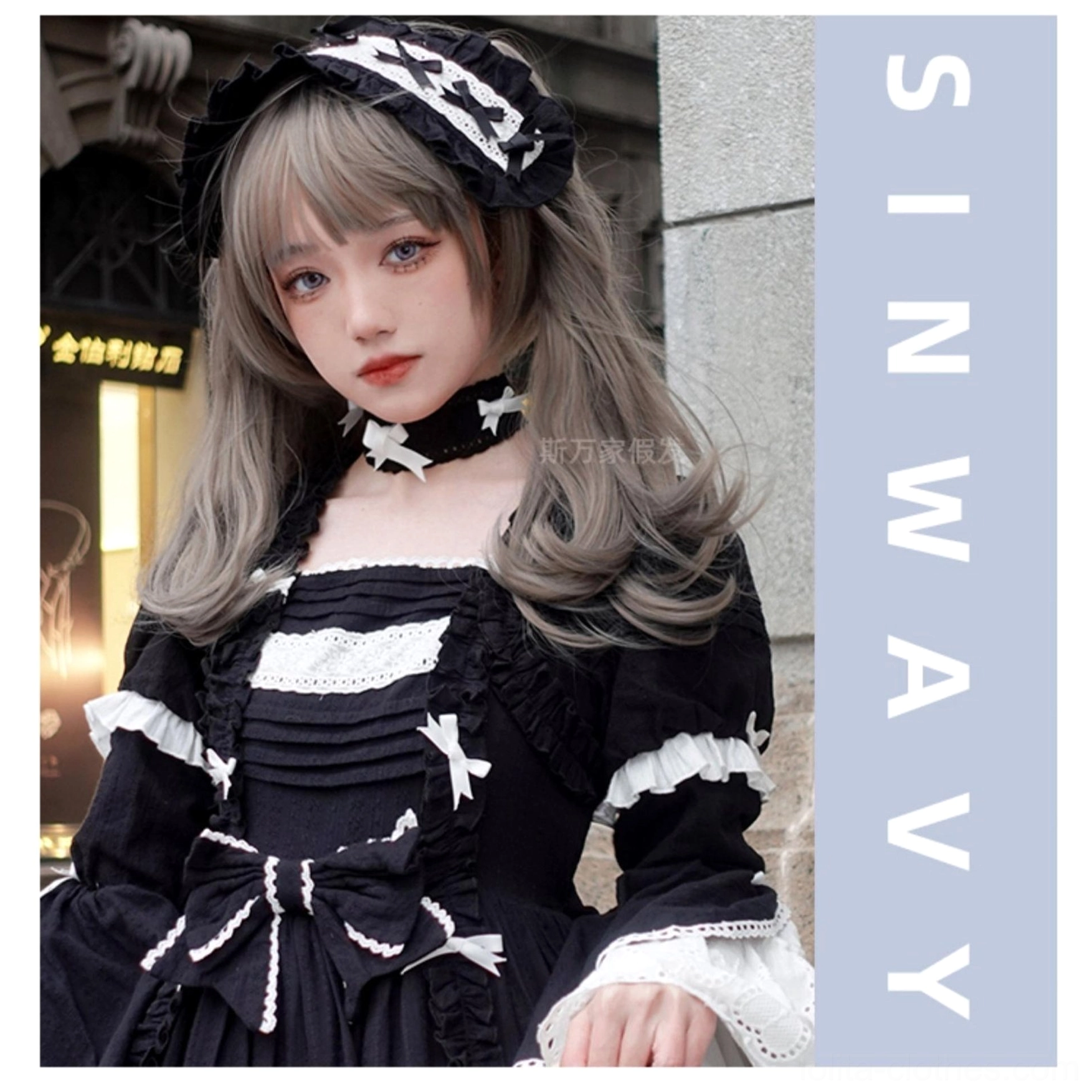 Gothic Lolita ash grey twin ponytail wig outdoor portrait wearing effect black dress choker real person model
