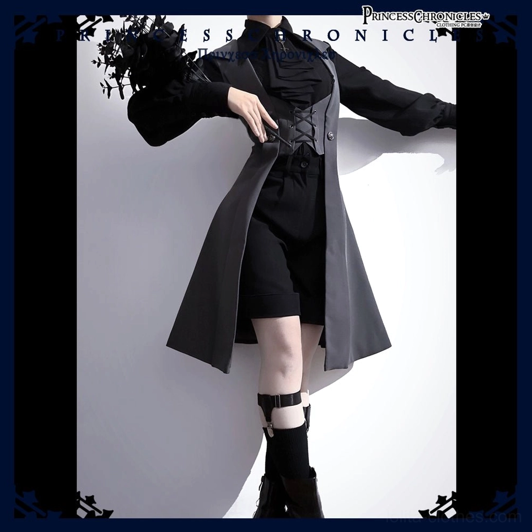 Black-gray bicolor Gothic Lolita waistcoat right side front three-quarter view with floral prop styling and black inner shorts set