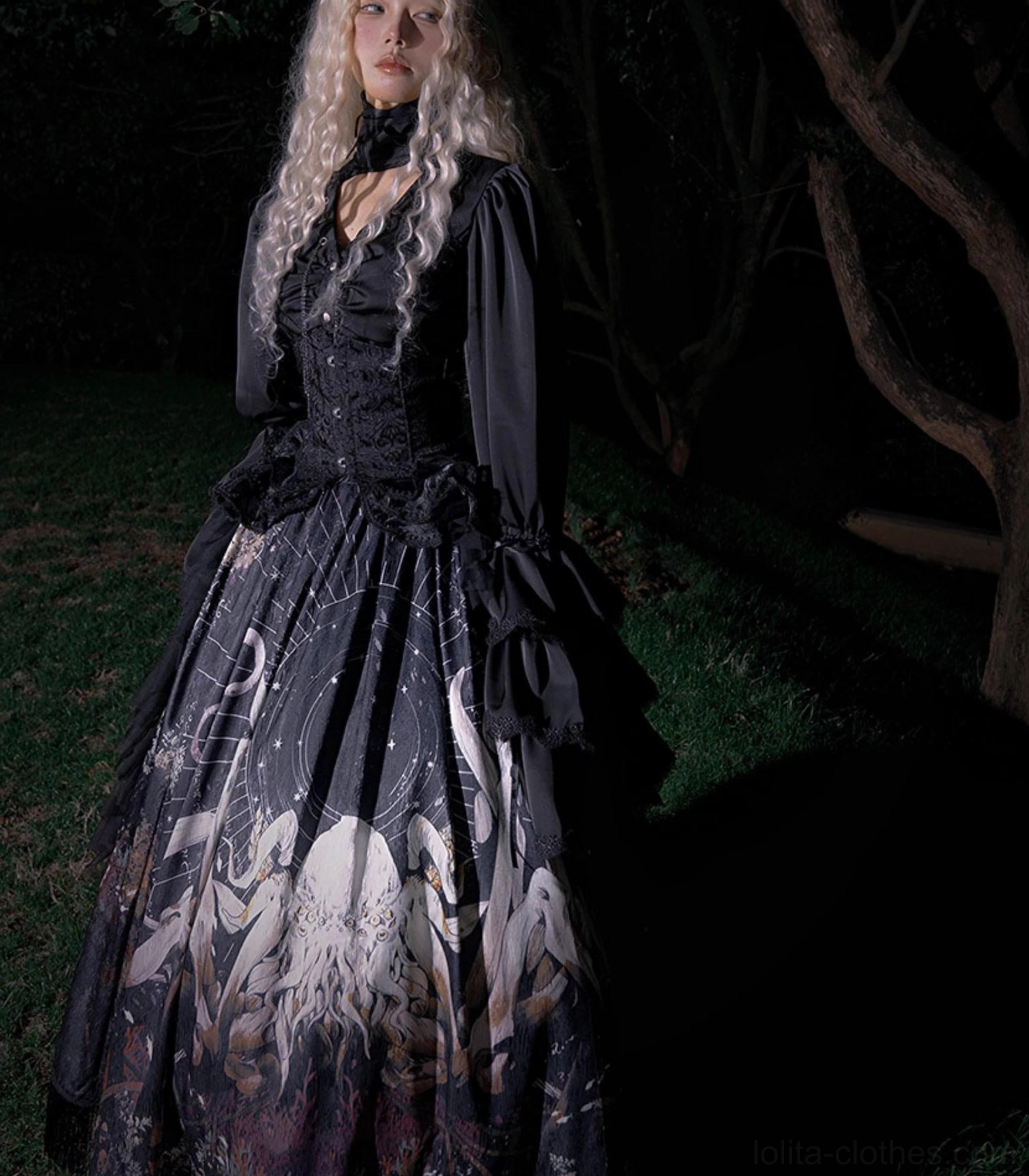 Gothic Lolita black blouse midnight option princess cut bell sleeves V neckline hanging chain detail front view