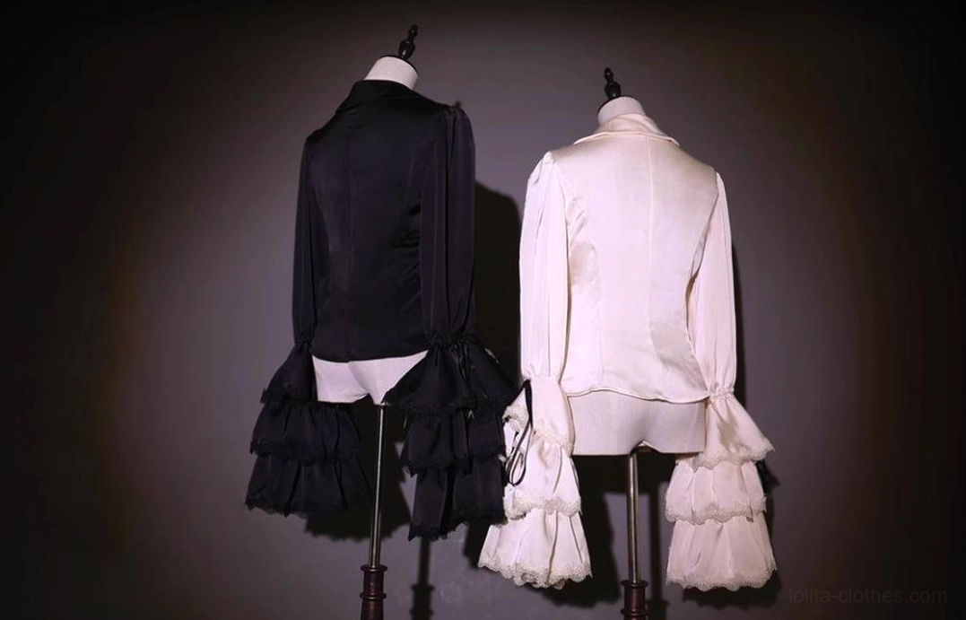 Gothic Lolita black blouse midnight standalone component princess bell sleeves V neckline removable chain