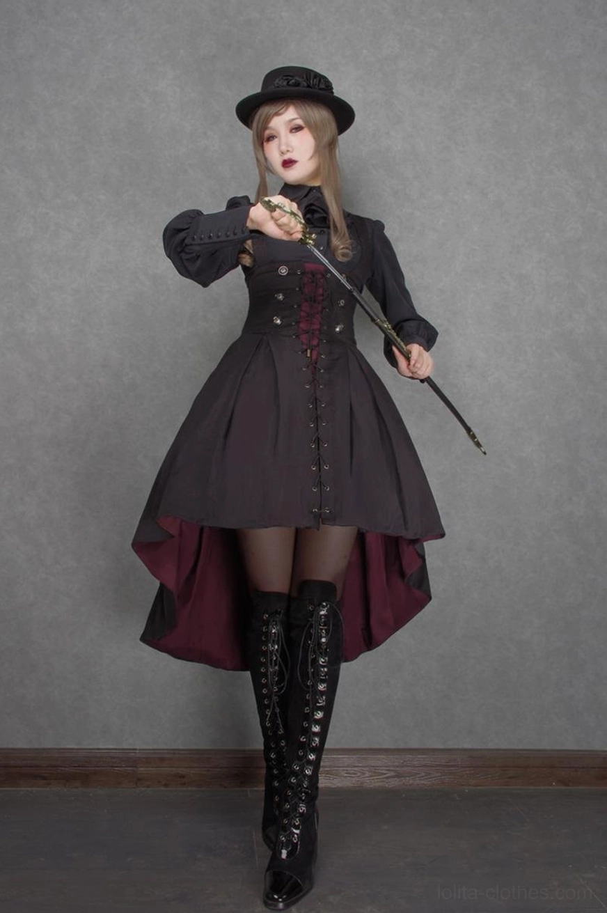Gothic Lolita black and blue color variant showing jewel-tone accent pairing with deep black base fabric