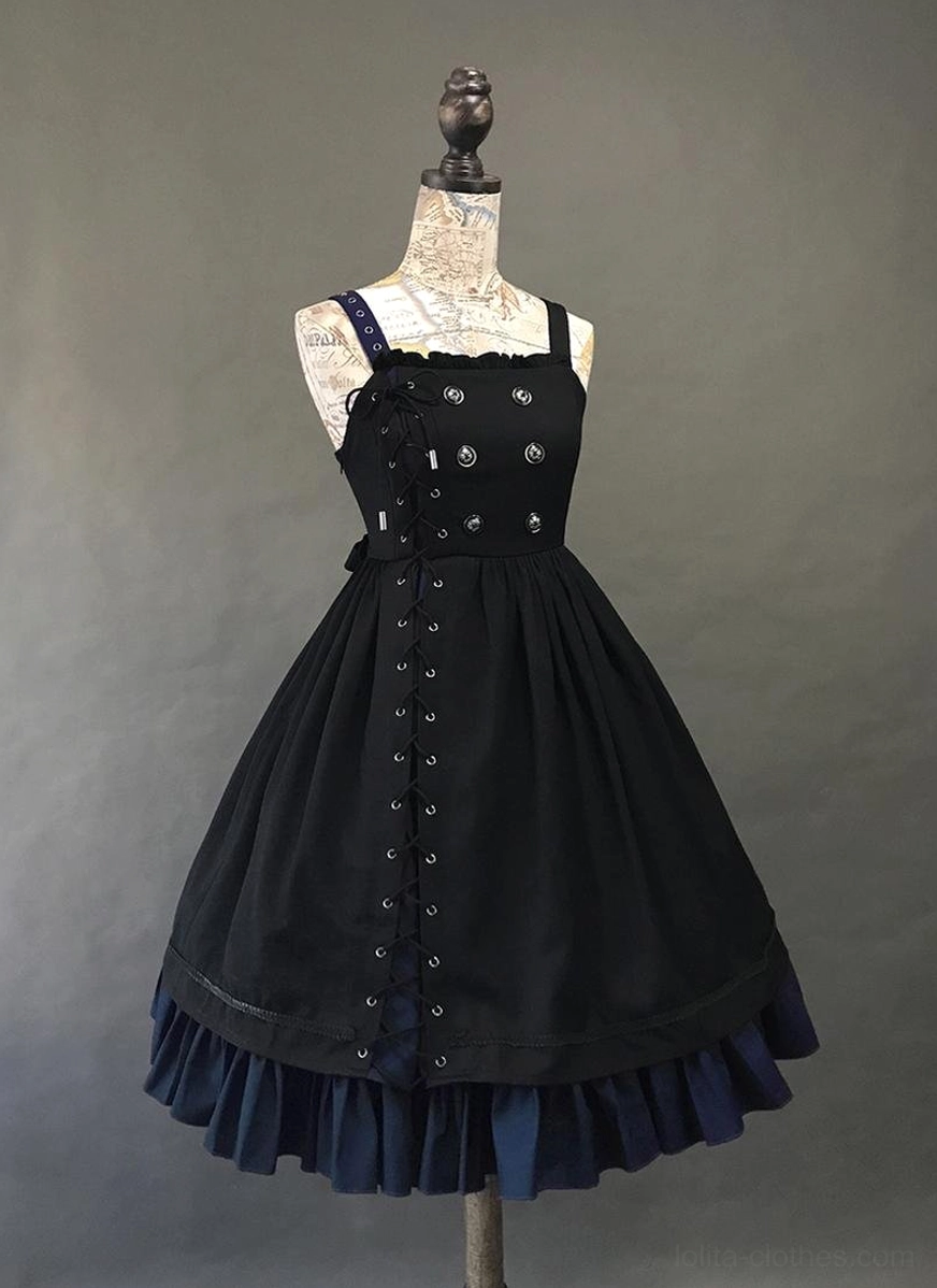 Gothic Lolita black and blue JSK only jumper skirt standalone piece asymmetrical design front view dress form