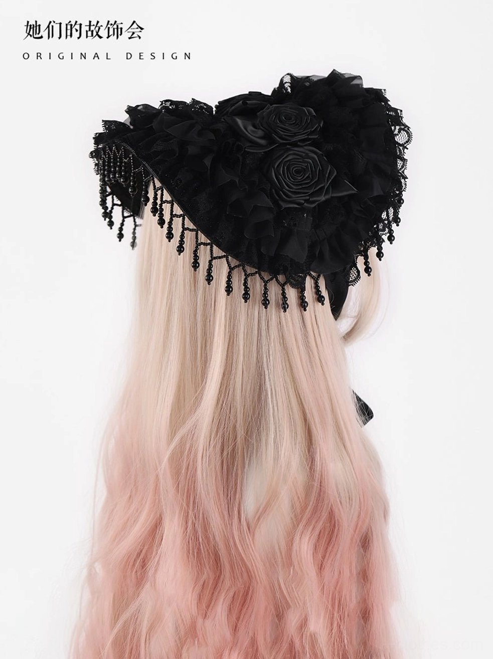 Back full view of Gothic Lolita black vintage bonnet hat showing clean black silhouette and exposed back strap design on mannequin with gradient pink-blonde wig