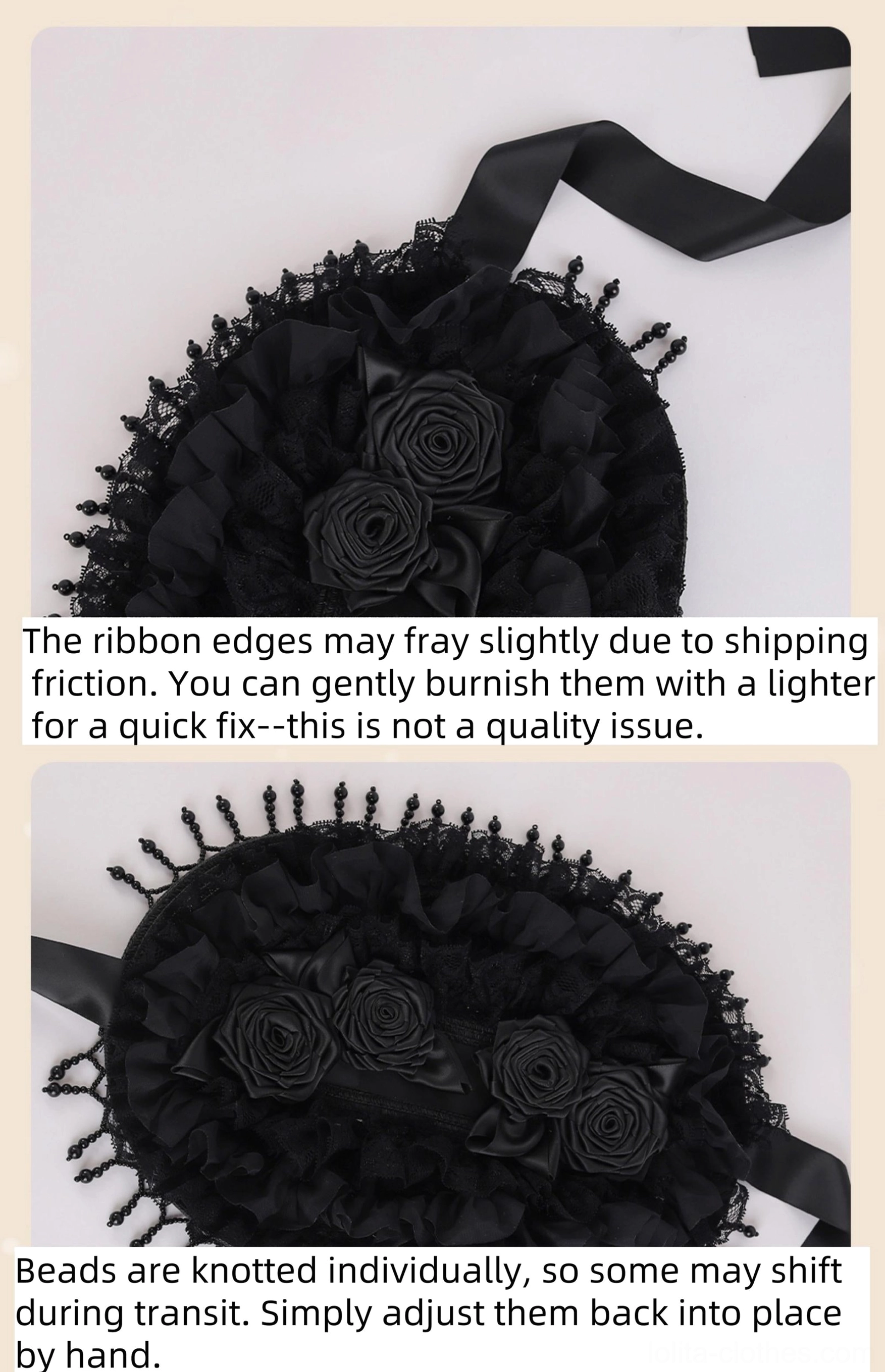 Split close-up flat lay detail comparison of Gothic Lolita black bonnet hat showing exterior embellishments and interior base construction, handmade stitching quality, and care notes for ribbon edges and bead adjustment