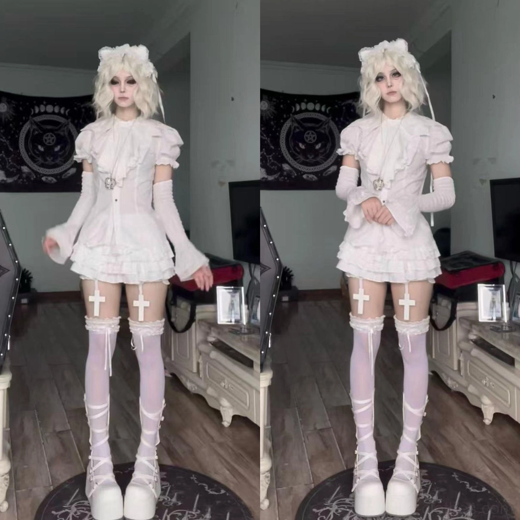 Gothic Lolita half-body styling featuring black jabot shirt with black twin-tail hairstyle, hair ornaments, white long gloves, ruffled socks, platform boots, and black tutu skirt coordination