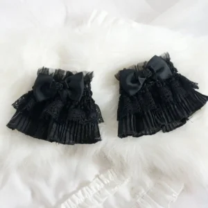 Gothic Lolita black lace wrist cuffs without cross pendant, showing elegant ruffle layers, bow and rose detail from angled perspective