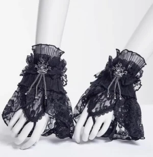 Gothic Lolita black lace wrist cuffs with silver crown chain ornaments displayed on mannequin hands, front flat view showing intricate ruffled lace and dangling crown pendants