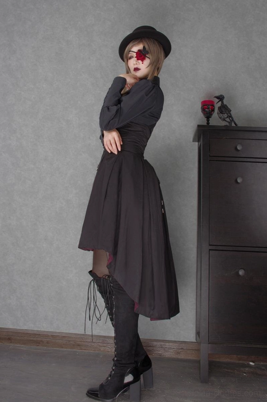 Gothic Lolita black and red color variant showing burgundy accent combination with structured silhouette