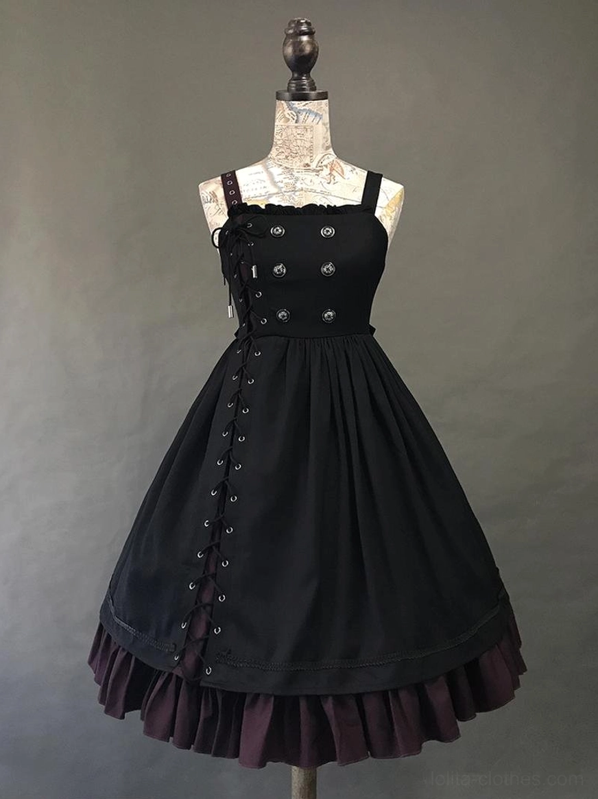 Gothic Lolita black and red JSK only jumper skirt standalone piece with color-blocking details front view