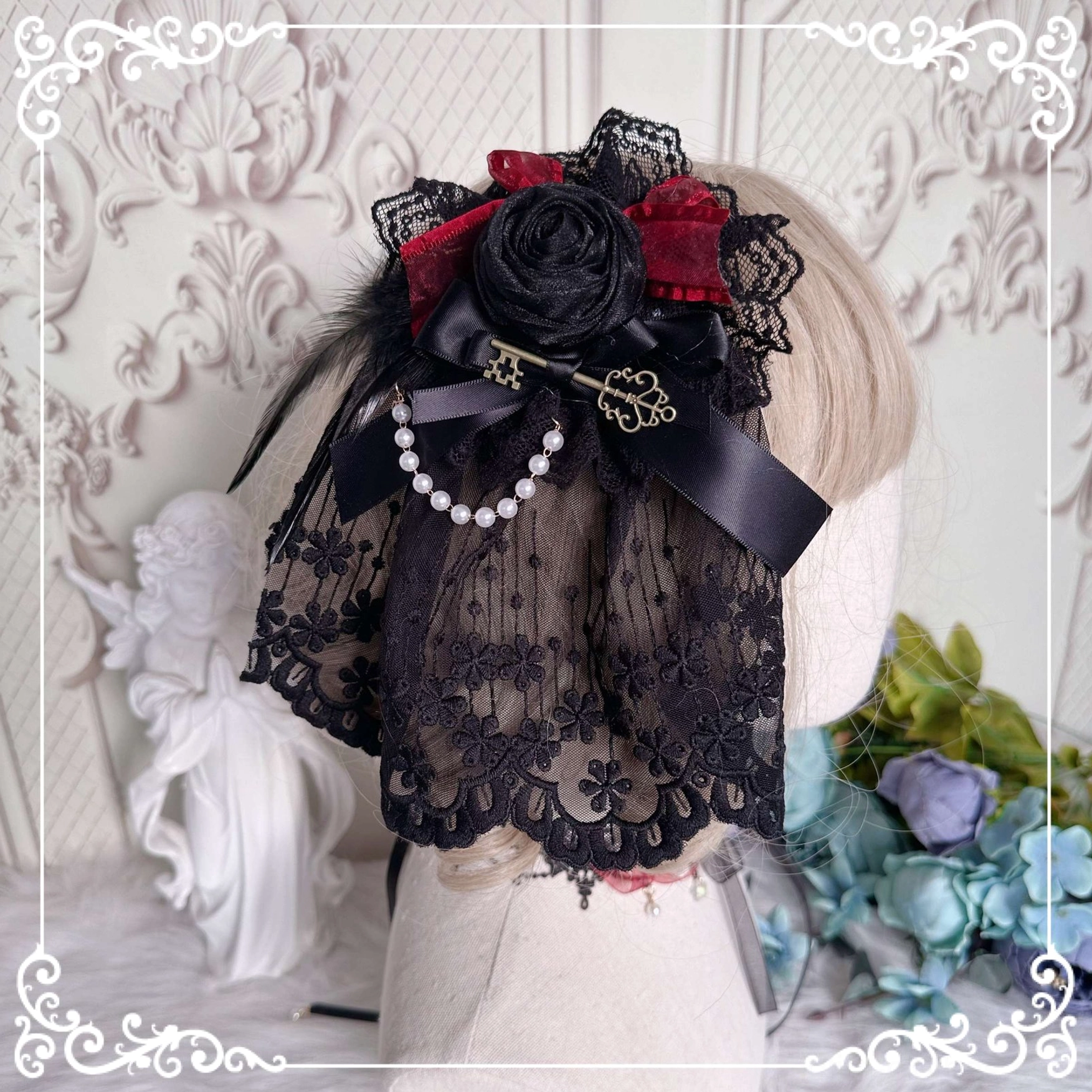 Handmade Gothic Lolita black rose veil flower accessory standalone display featuring sophisticated veil design and deep rose embellishment detail