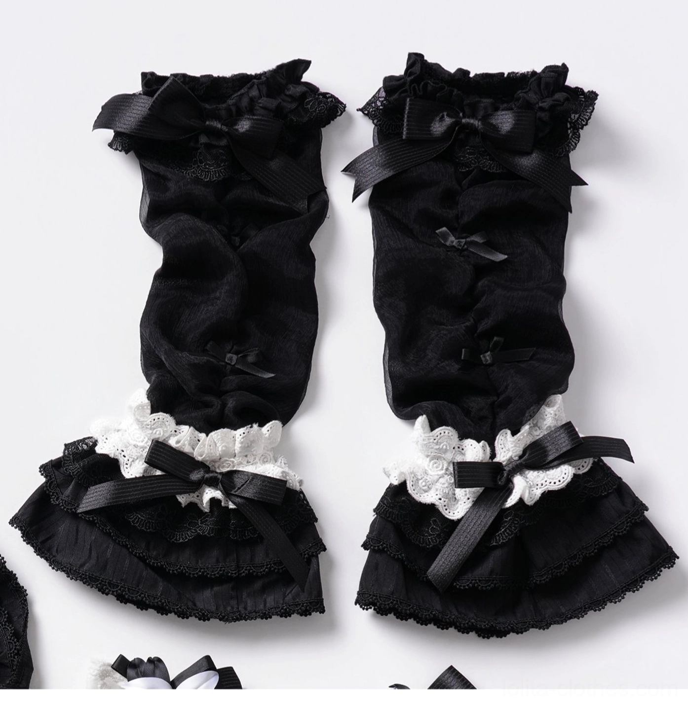 Black ruffled lace gothic lolita arm sleeve accessories white cuff trim matched bow decoration pair set