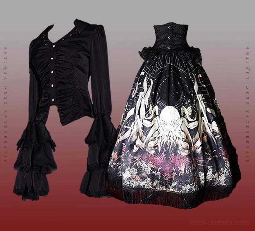 Gothic Lolita black shirt set complete without trailing midnight option octopus print skirt waist cincher