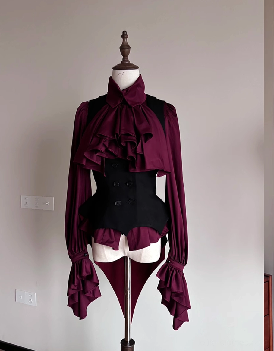Full Gothic Lolita outfit ensemble with black corset vest featuring bat-wing hem, layered over wine-red ruffled long-sleeve collar blouse and ruffled shorts front view