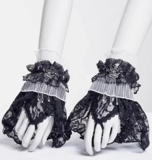 Black and white striped Gothic Lolita lace wrist cuffs pair with crown chain decorations worn on mannequin arms, demonstrating vertical striped sheer white wrist band detail
