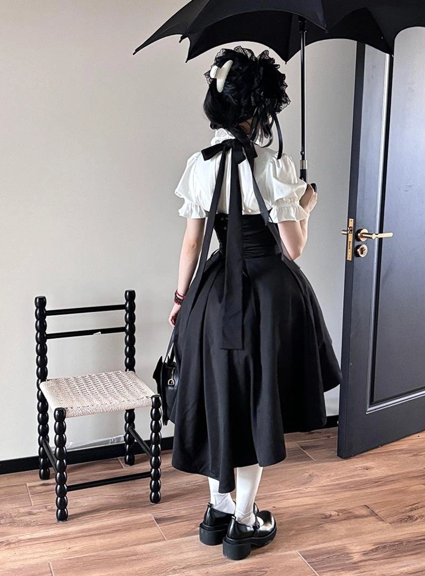 Gothic Lolita fashion aesthetic inspiration featuring short-sleeve blouse styled in complete dark romantic coordinate
