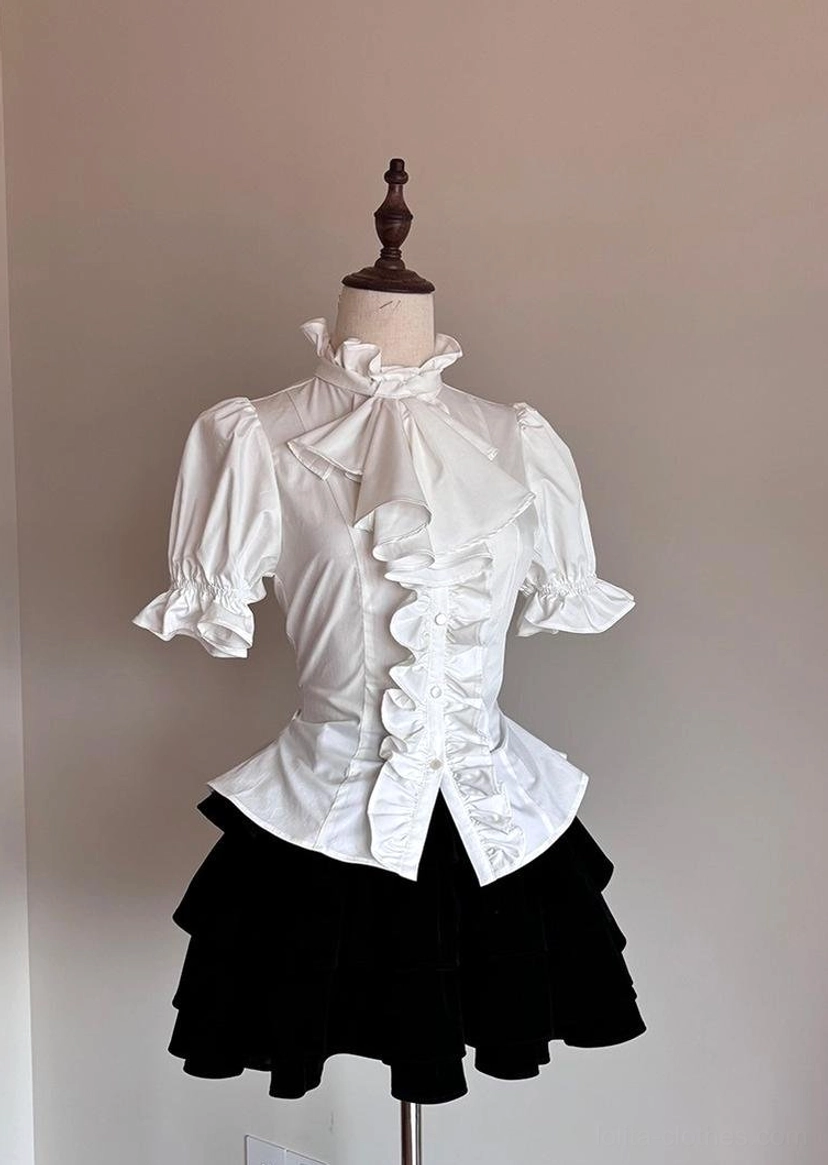 Gothic Lolita short-sleeve blouse back drawstring waist adjustment feature showing customizable fit mechanism detail