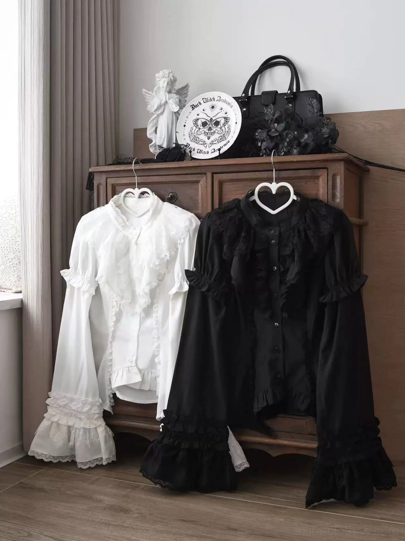 Black and white gothic lolita blouse color options with detachable sleeves and jabot accessories