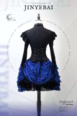 Gothic lolita two-piece set back view showing lace-up corset closure and tiered skirt hem