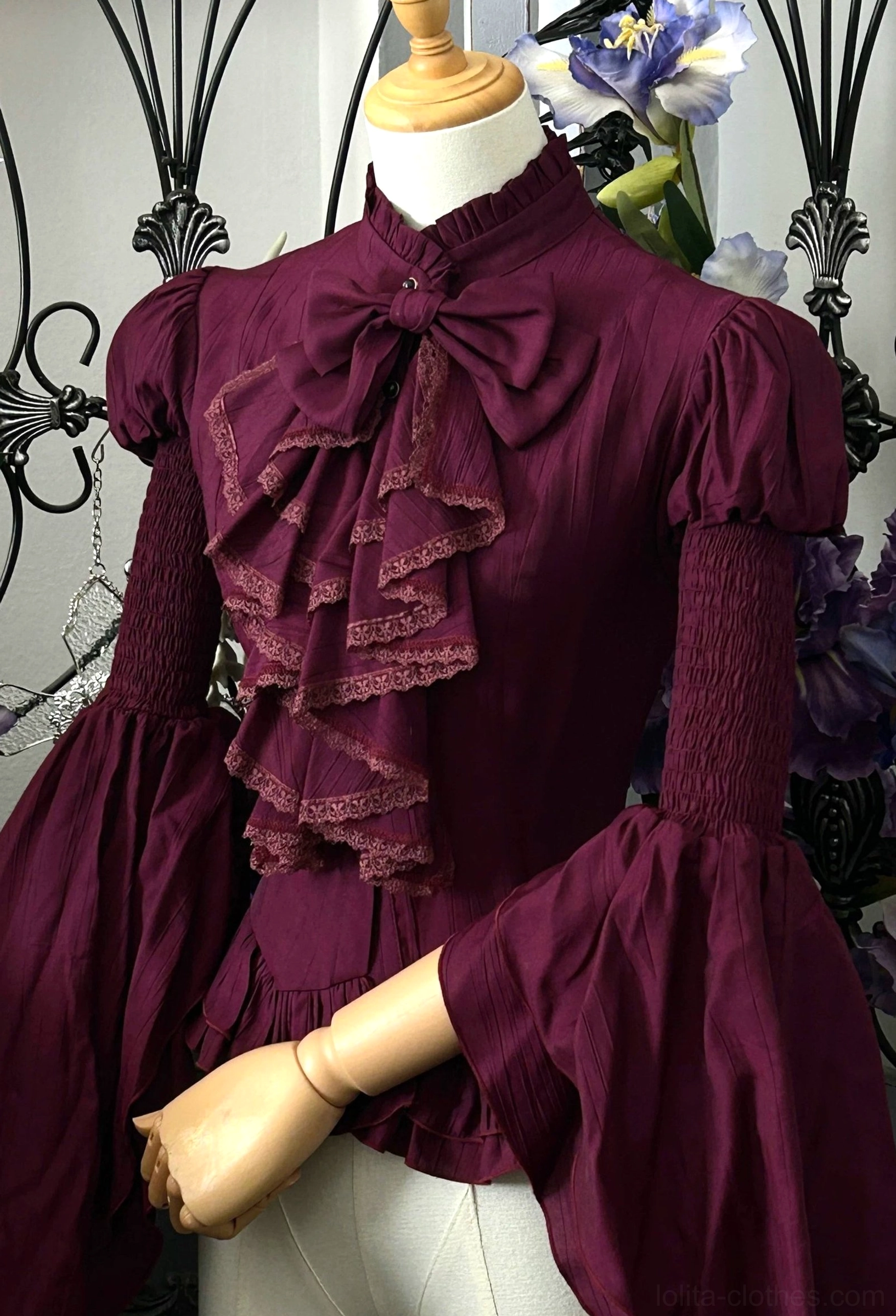 Gothic Lolita blouse detachable bell sleeves flowy cuffs irregular hem texture layered design puff sleeves short style