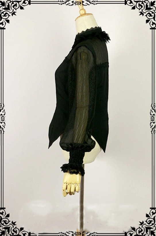 Gothic Halloween lolita blouse drawstring back closure detail showing adjustable fit mechanism and sheer upper back mesh panel for customizable silhouette