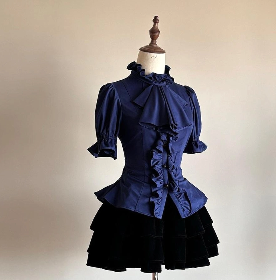 Back flat display of grey pinstripe Gothic Lolita short-sleeved blouse showing high stand collar back lace-up adjustable waist detail on mannequin