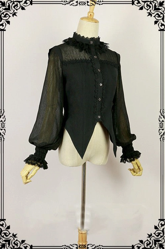 Black gothic lolita Halloween blouse slim-fit silhouette with decorative lace stand collar, sheer lantern sleeves, asymmetric pointed hem, front detail display